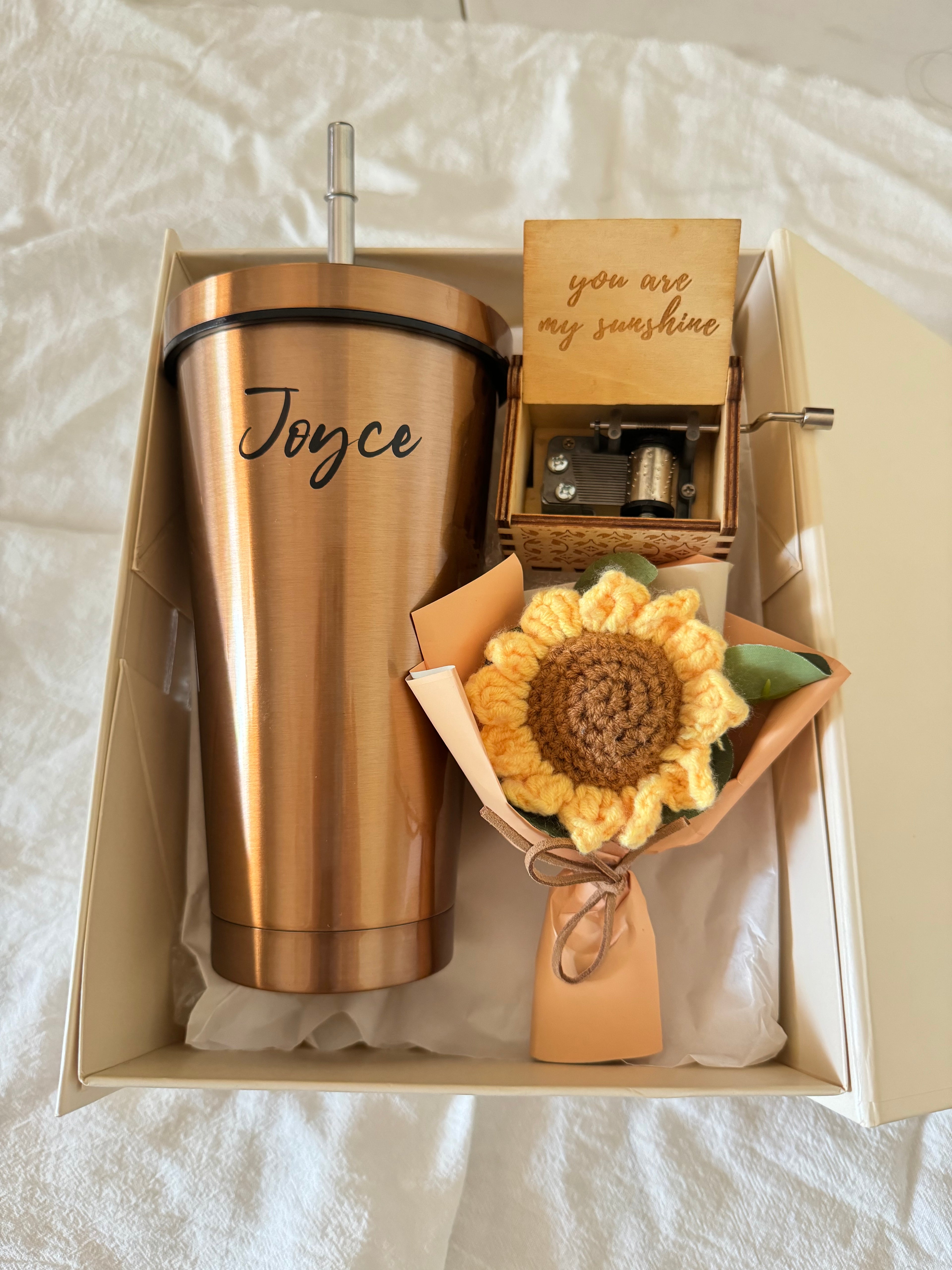 Customized Sunshine Gift Set - Personalized Tumbler, Music Box & Crochet Sunflower