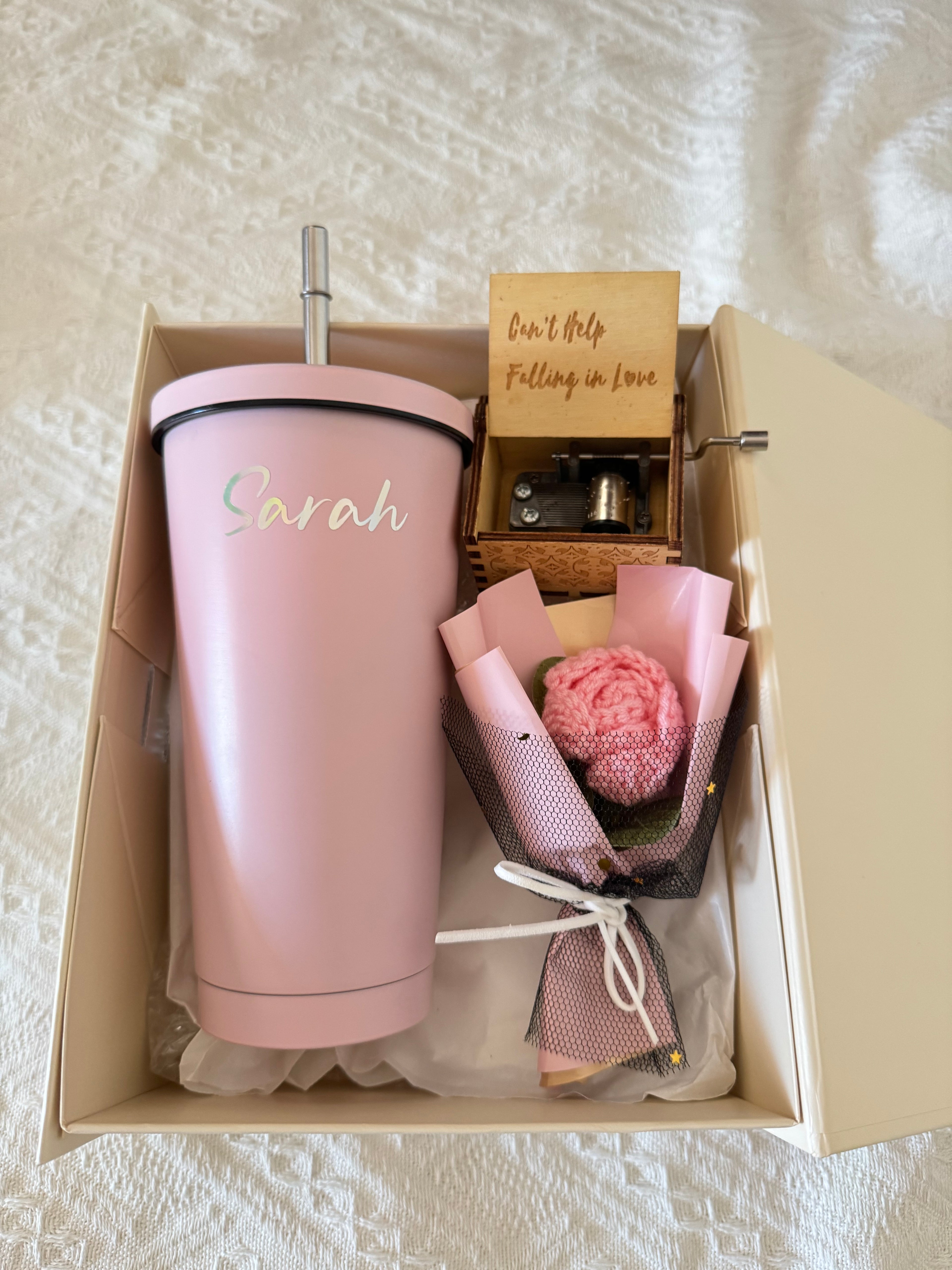 Customized Rosy Gift Set - Personalized Tumbler, Music Box & Crochet Rose
